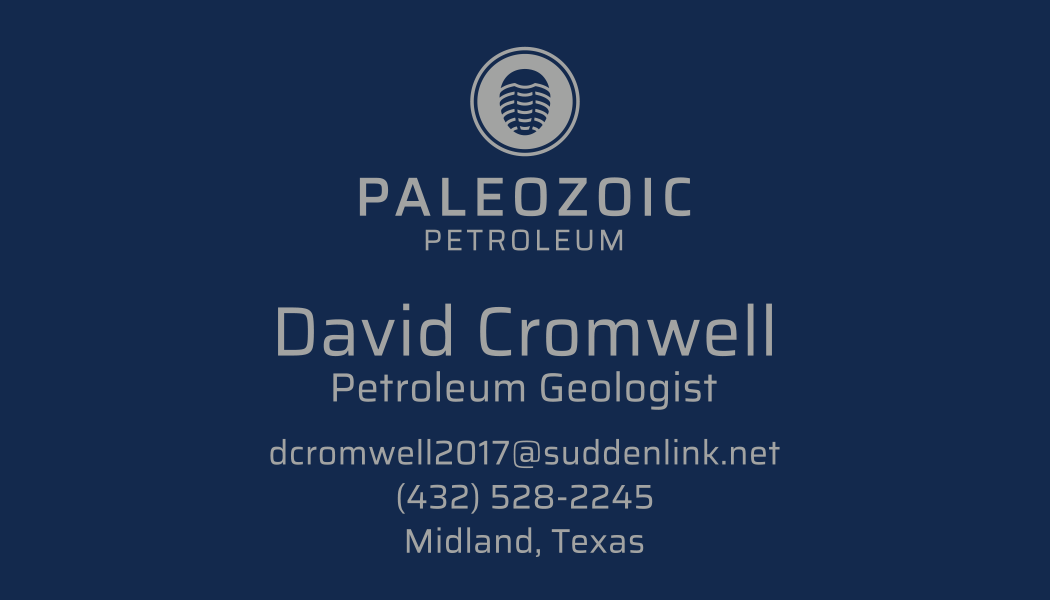 A blue business card for paleozoic petroleum geologist david cromwell