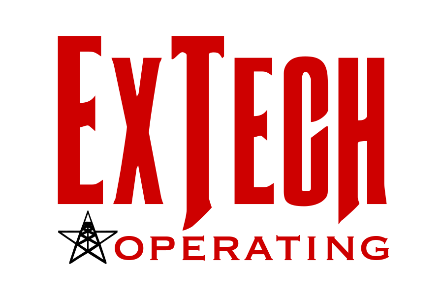 A red and white logo for extech operating