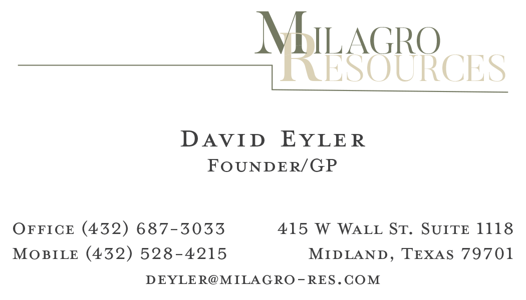 A business card for david eylfr founder of milagros resources