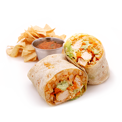 Burrito cut in half, showing filling of chicken, rice, avocado, and salsa. Served with chips and salsa.