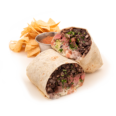 Burrito cut in half, with black beans, salsa, tortilla chips, and a small dipping sauce.