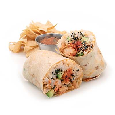 Sushi burrito cut in half, with chips and salsa.