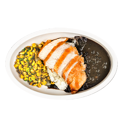 Grilled chicken with corn, rice, and black beans on an oval plate.
