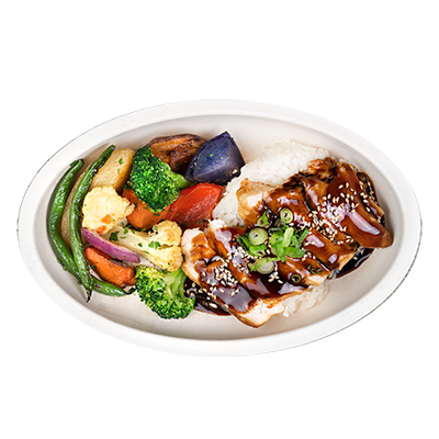 Chicken teriyaki bowl with rice and mixed vegetables.