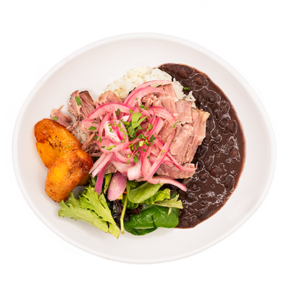 Cuban bowl with pork, rice, black beans, pickled onions, fried plantain, and greens.