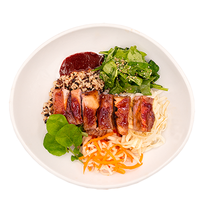 Bowl with grilled meat, rice, greens, and pickled vegetables.