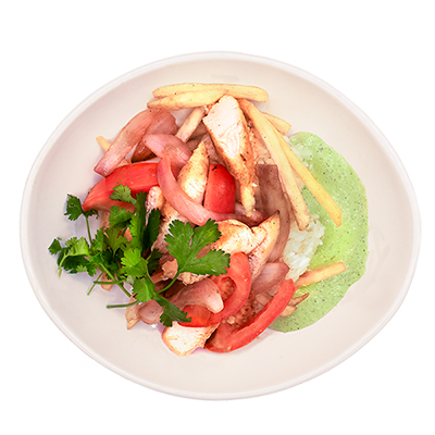 Bowl of chicken with fries, tomatoes, onions, cilantro, and green sauce.