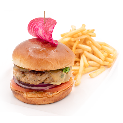 Burger with fries and a decorative beet.