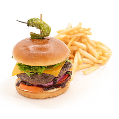 Cheeseburger with fries and a pepper garnish, on a white background.