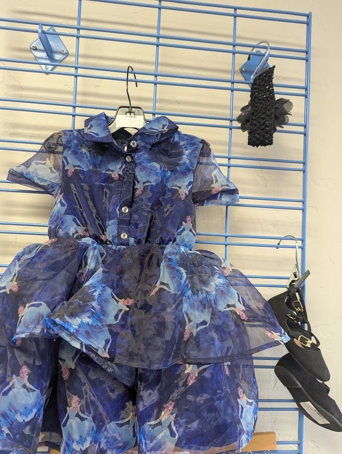 A blue dress is hanging on a wire rack.