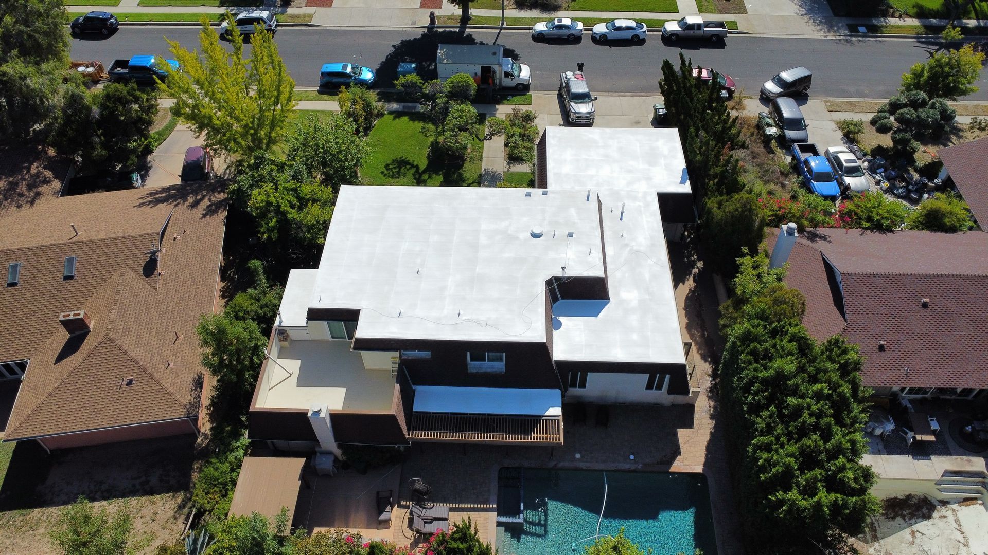 Drone view of a home with a new roof