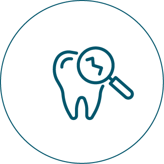 A magnifying glass is looking at a tooth in a circle.