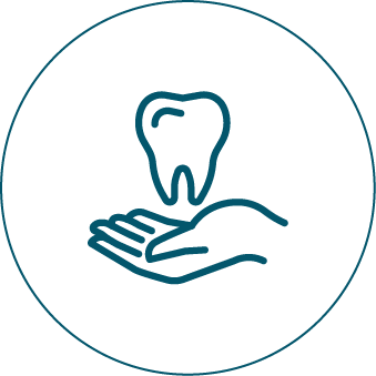 An icon of a hand holding a tooth in a circle.