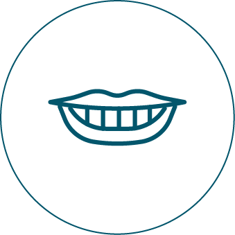A line drawing of a smiling mouth with teeth in a circle.