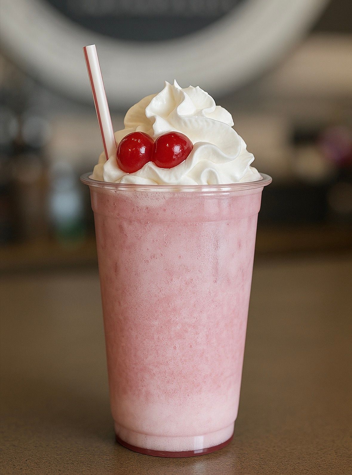 Pink milkshake in a clear cup, topped with whipped cream and cherries, straw.