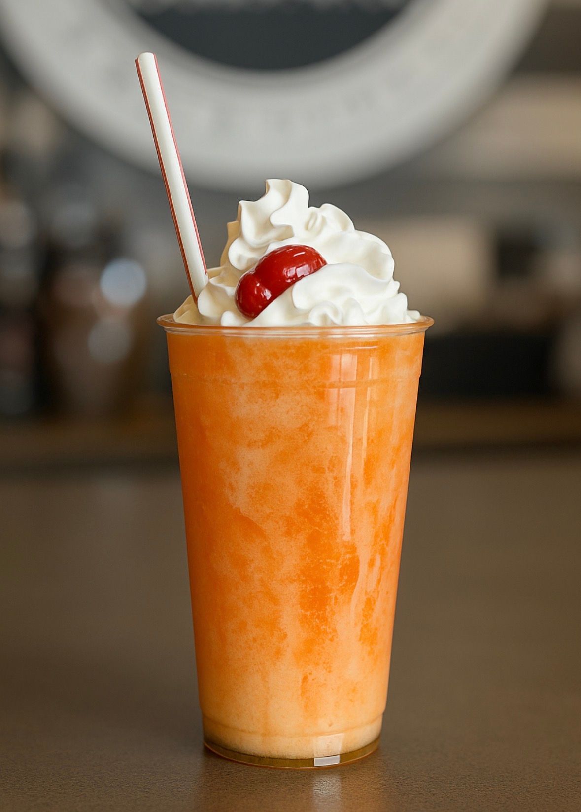 Orange slushy drink in a clear plastic cup, topped with whipped cream, a cherry, and a straw.