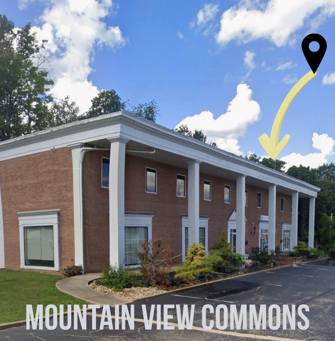 Mountain View Commons building with colonnade, brick exterior, blue sky, and location pin.