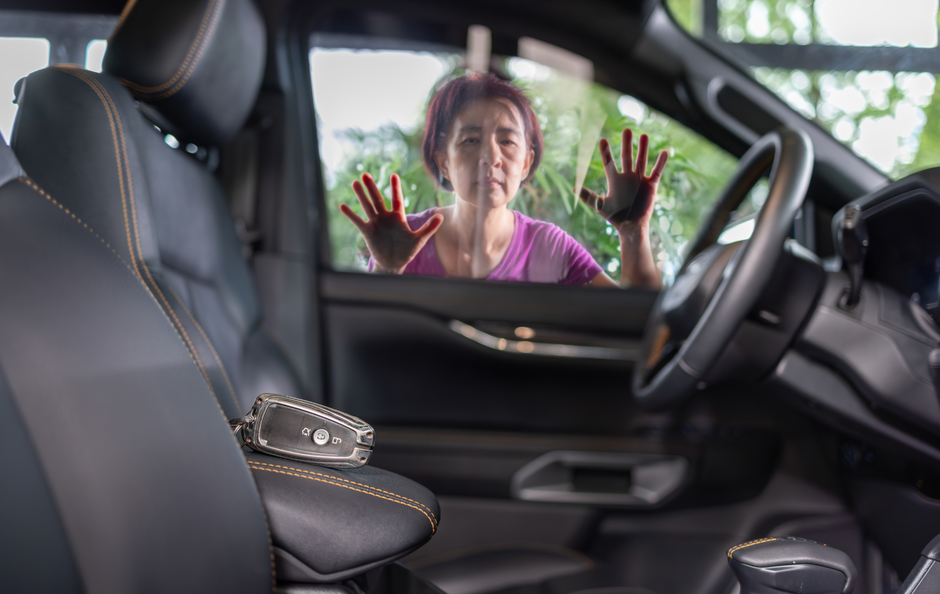 Woman outside a locked car, hands pressed against window. Inside: steering wheel, armrest, jewelry.