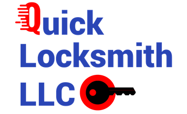 Logo for Quick Locksmith LLC; Blue text with a red