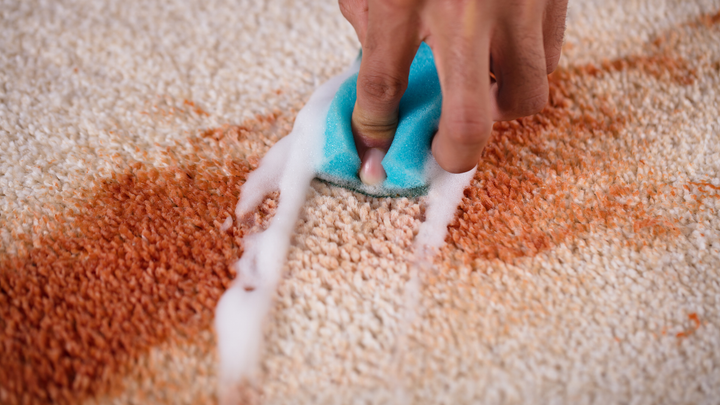 A person is cleaning a carpet with a sponge and foam.