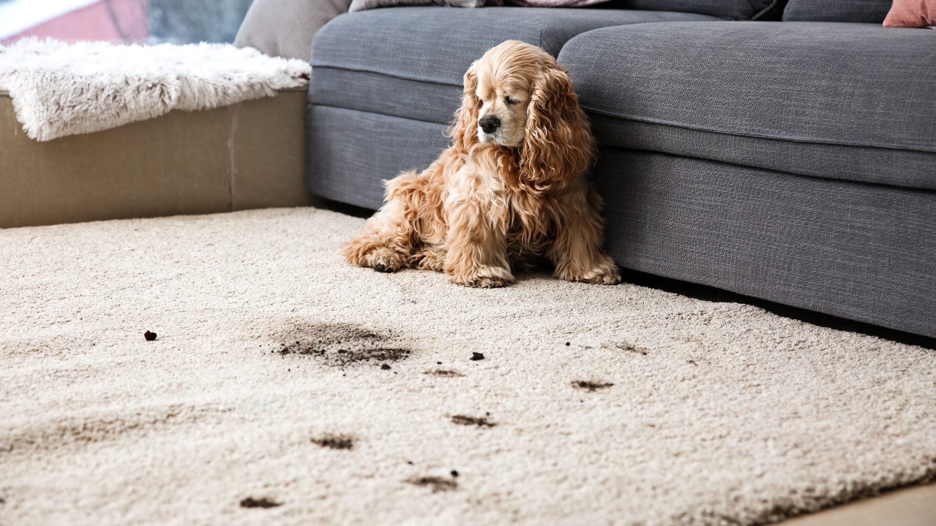 A cocker spaniel is sitting on a dirty rug in a living room.