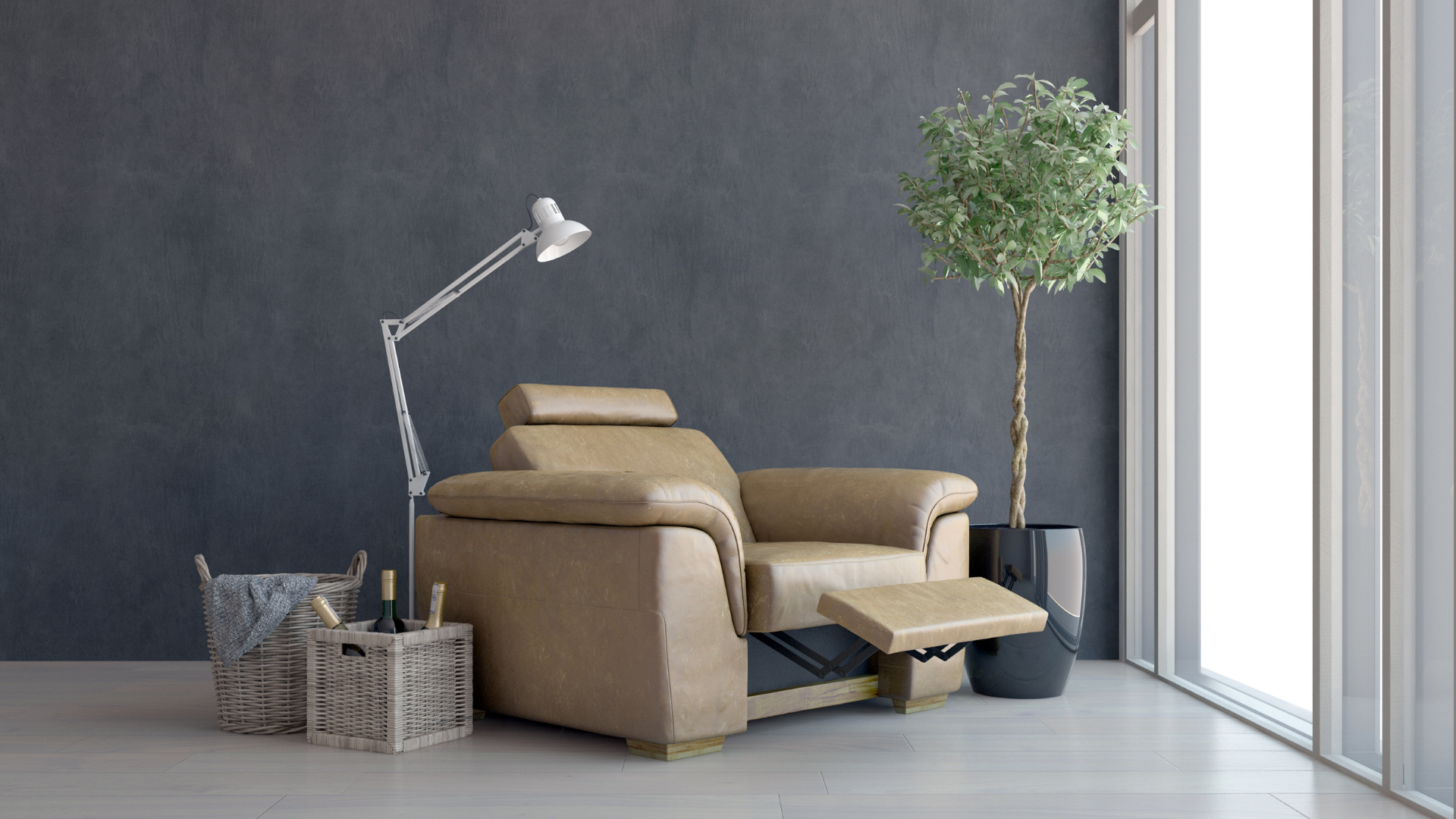 A living room with a chair , lamp , and potted plant.