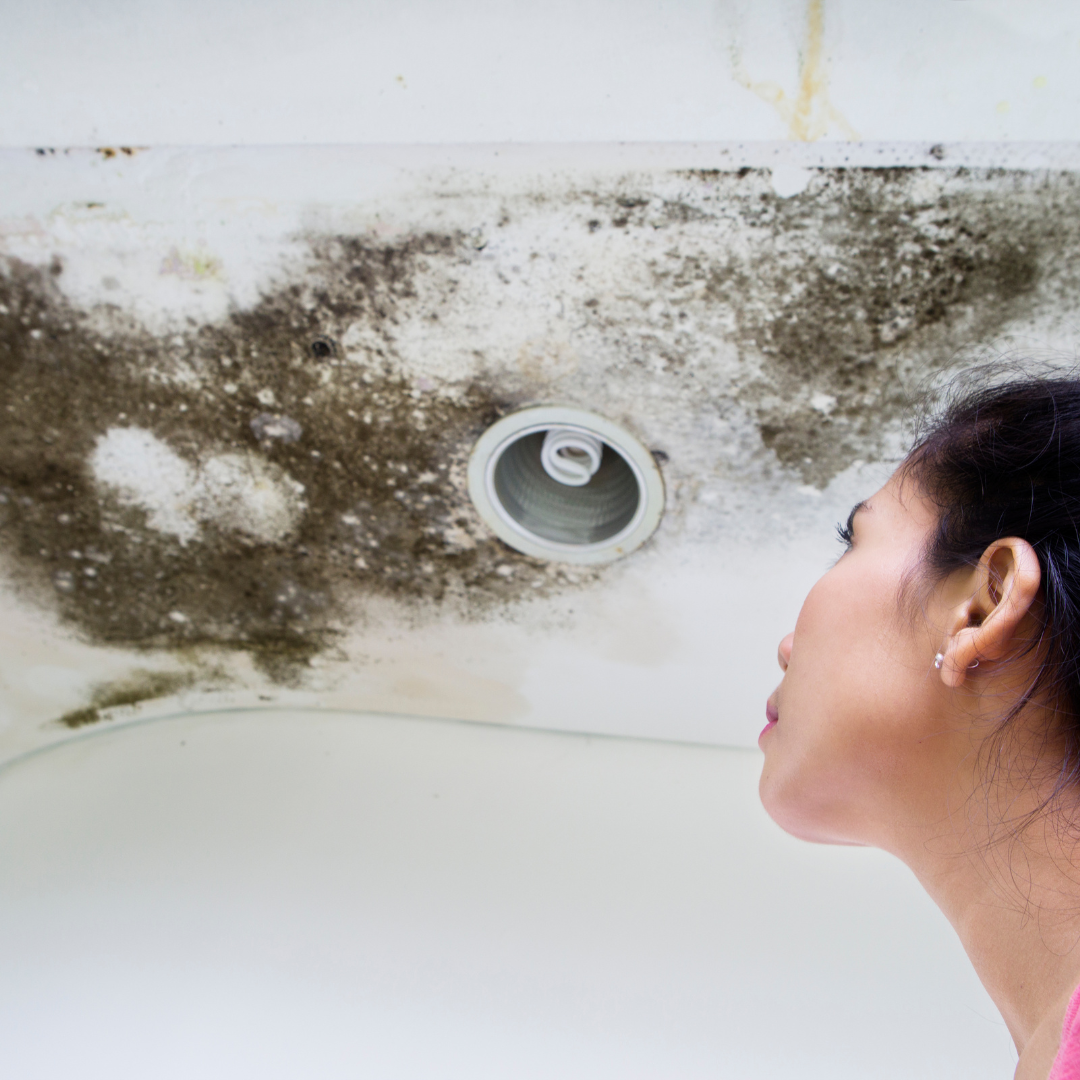 A woman is looking at a moldy ceiling in a bathtub.