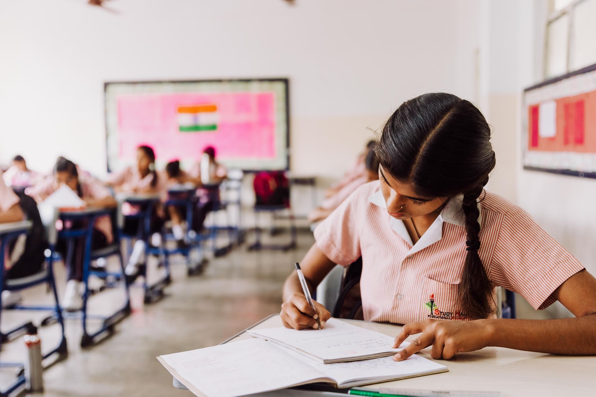 A young girl student in a classroom at Prerna School, India. 
