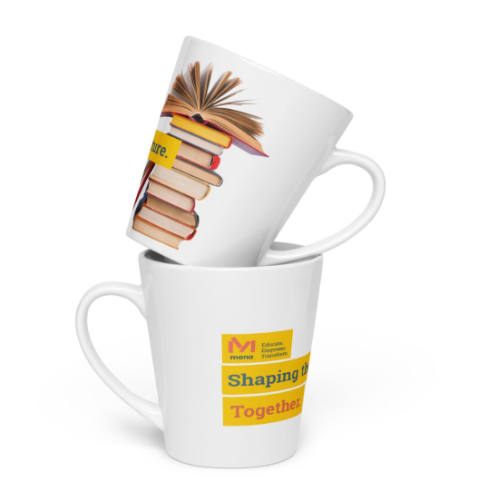 Two coffee mugs are stacked on top of each other with one saying