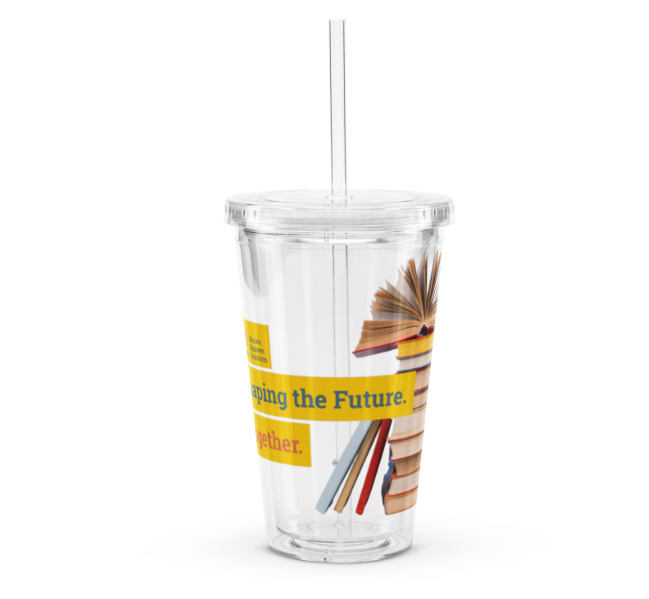 A clear cup with a straw that says ' giving the future ' on it