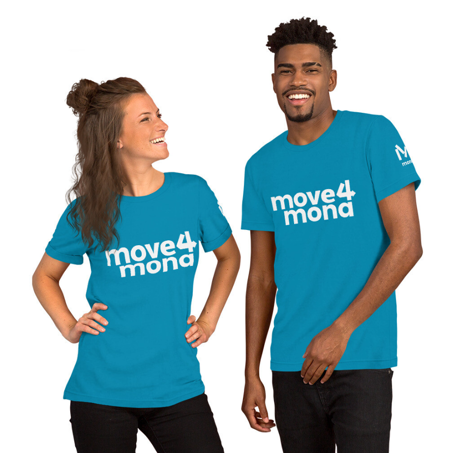A blue shirt that has the Move4Mona logo