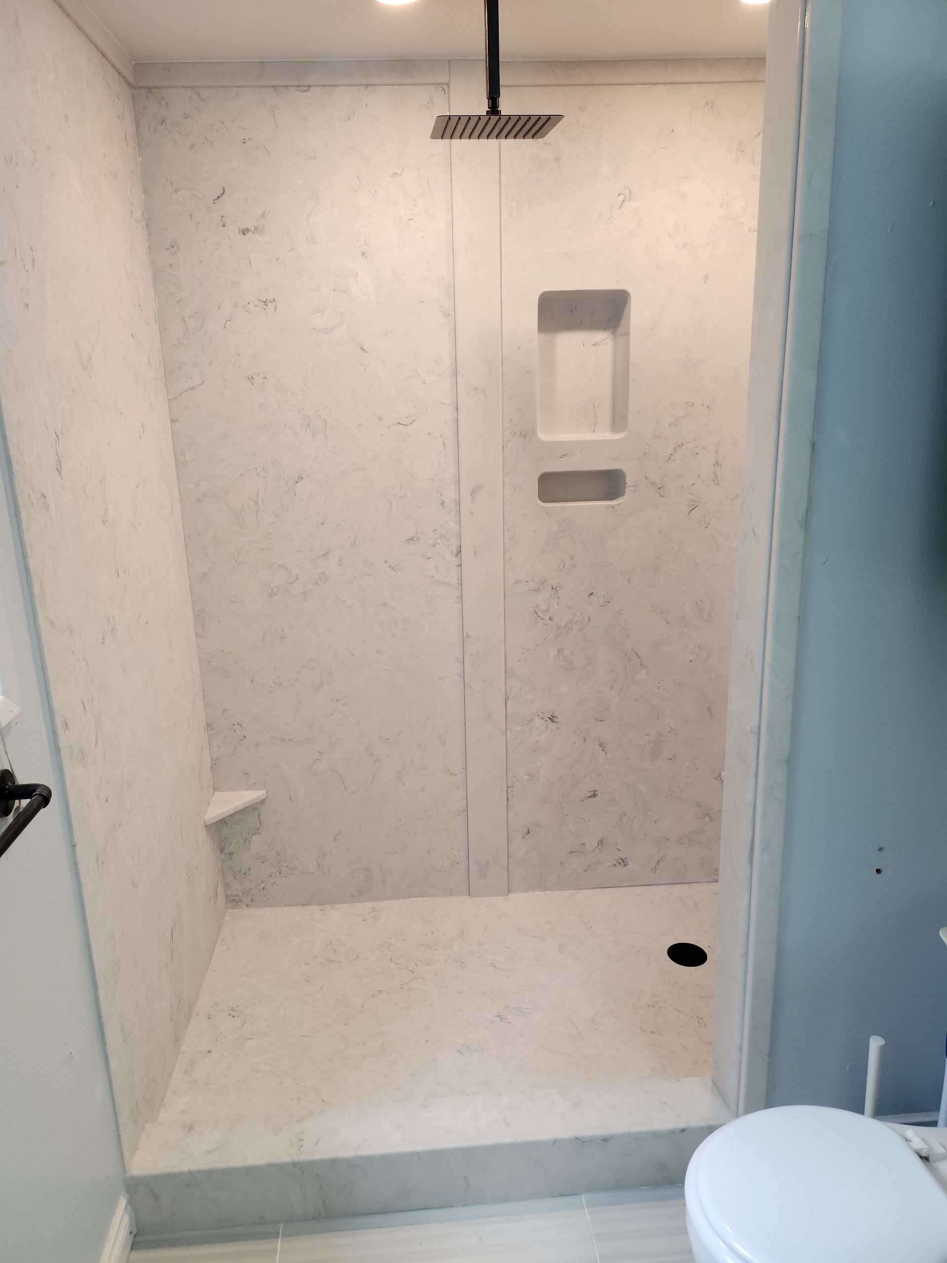 A bathroom with a walk in shower and a toilet.