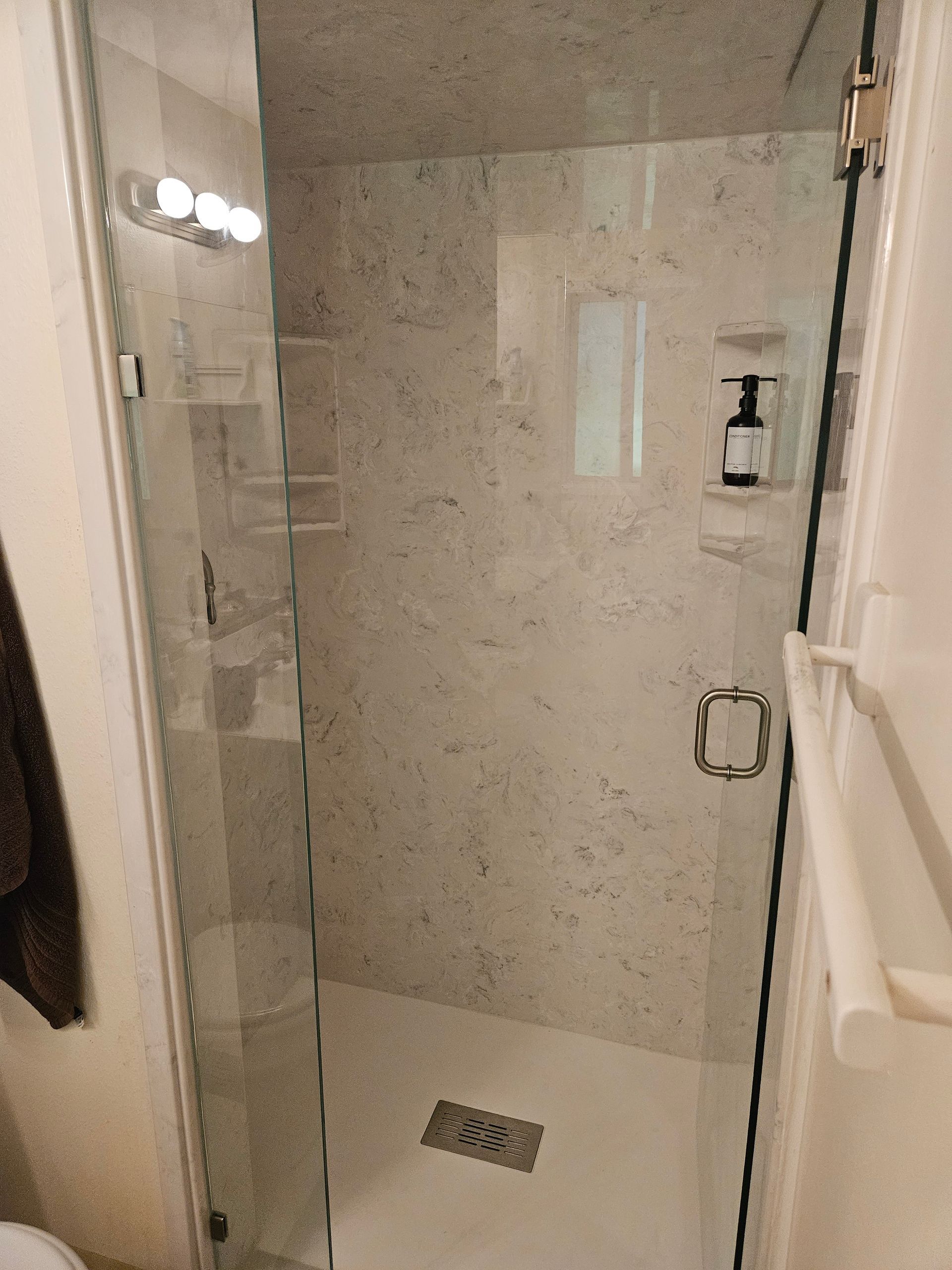 A bathroom with a walk in shower and a toilet.