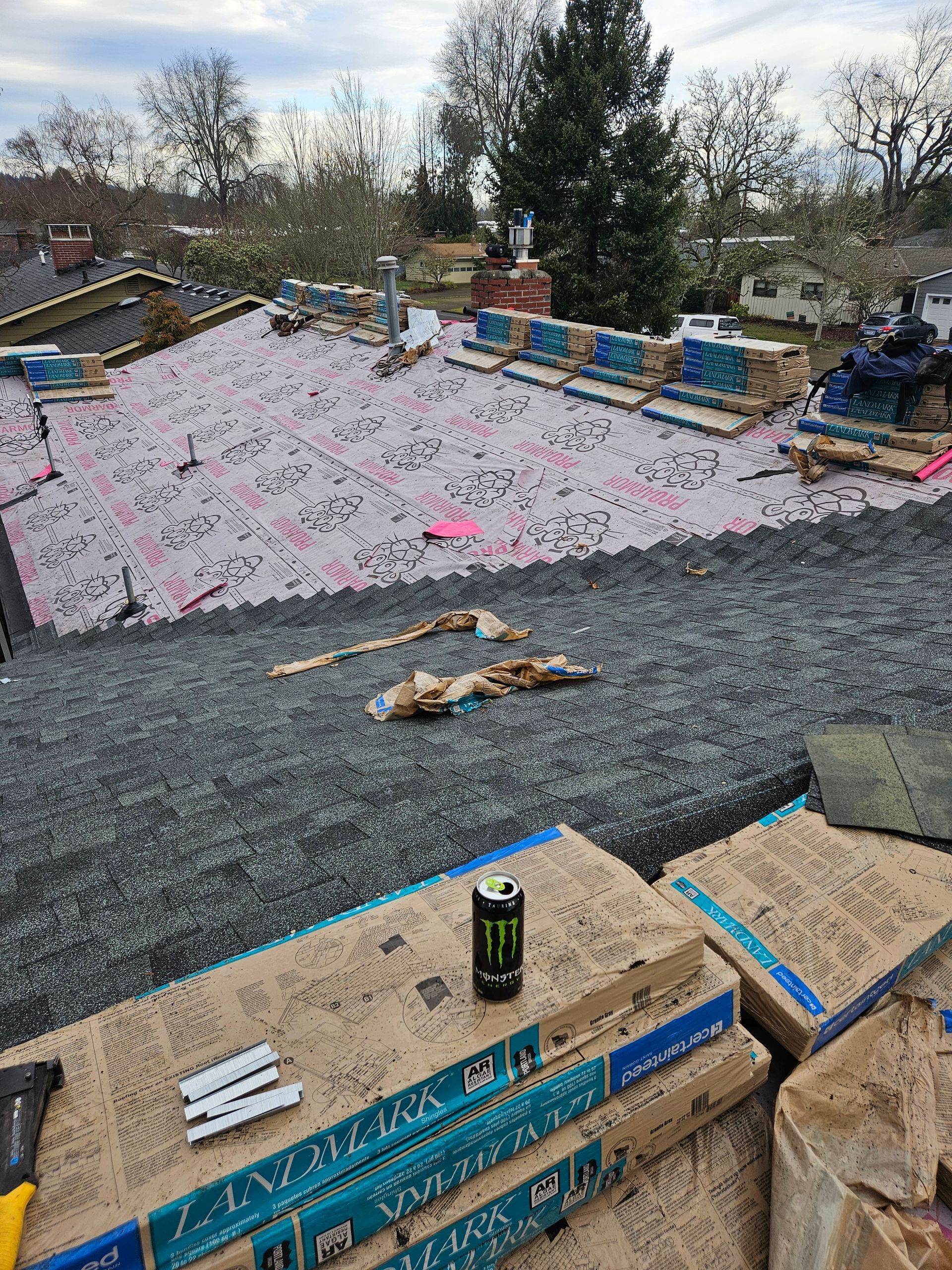 A can of monster energy drink is sitting on top of a roof.