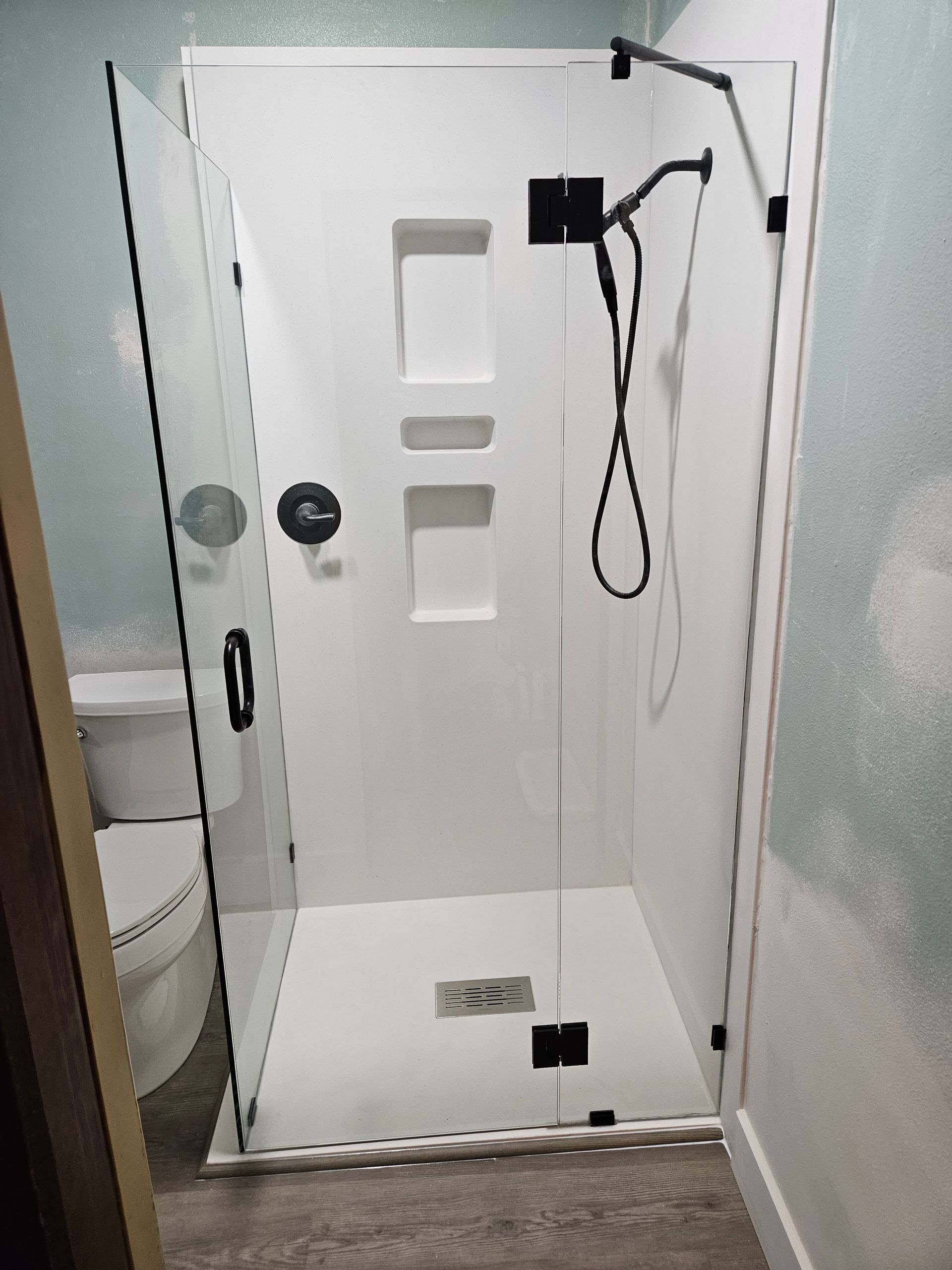 A bathroom with a walk in shower and a toilet.