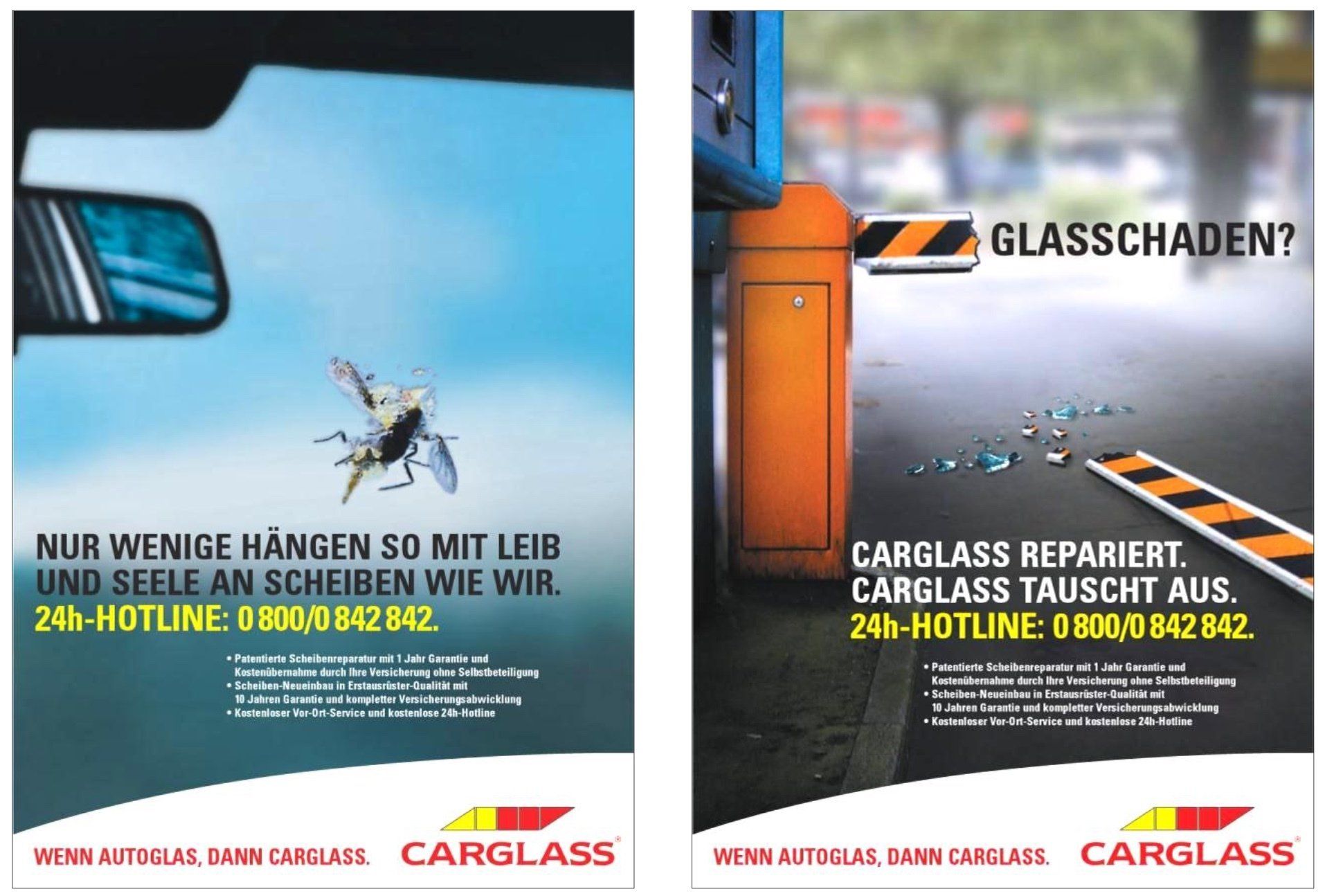 Zwei Anzeigen für Autoglas mit einer Fliege und einem Auto