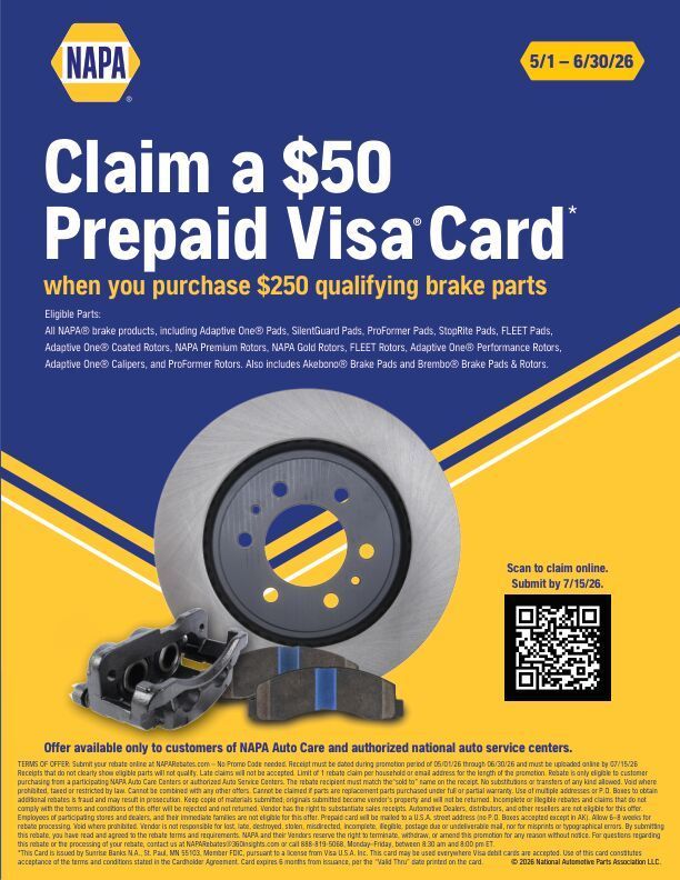 NAPA ad offering a $50 prepaid Visa card for qualifying brake parts purchase, with brake rotor and QR code