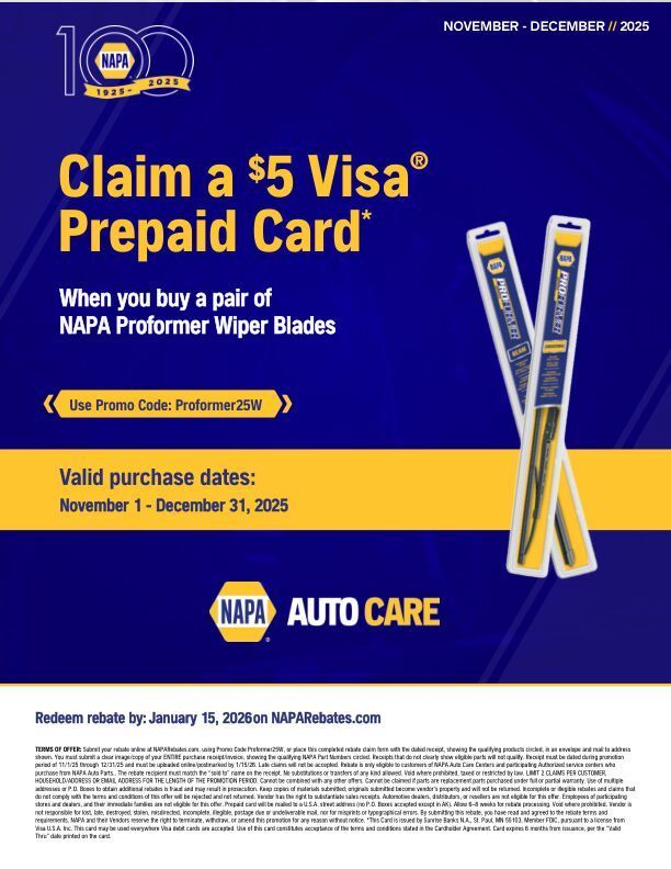 NAPA promotion: Buy two wiper blades, get a $5 Visa prepaid card. Dark blue and yellow design.