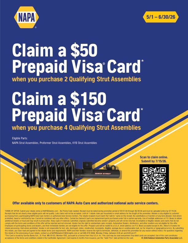 NAPA auto parts promo on blue and yellow background offering $50 or $150 prepaid Visa cards.