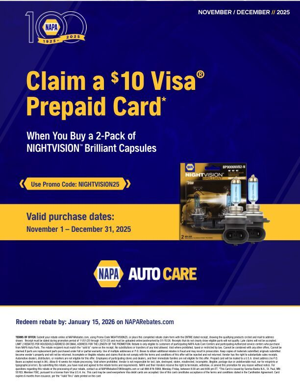 NAPA ad: Buy a 2-pack of NIGHTVISION capsules and get a $10 Visa prepaid card. Offer valid Nov-Dec 2025.