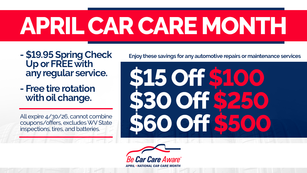 April Car Care Month promotional flyer offering a $19.95 spring check-up, free tire rotation, and tiered service discounts.
