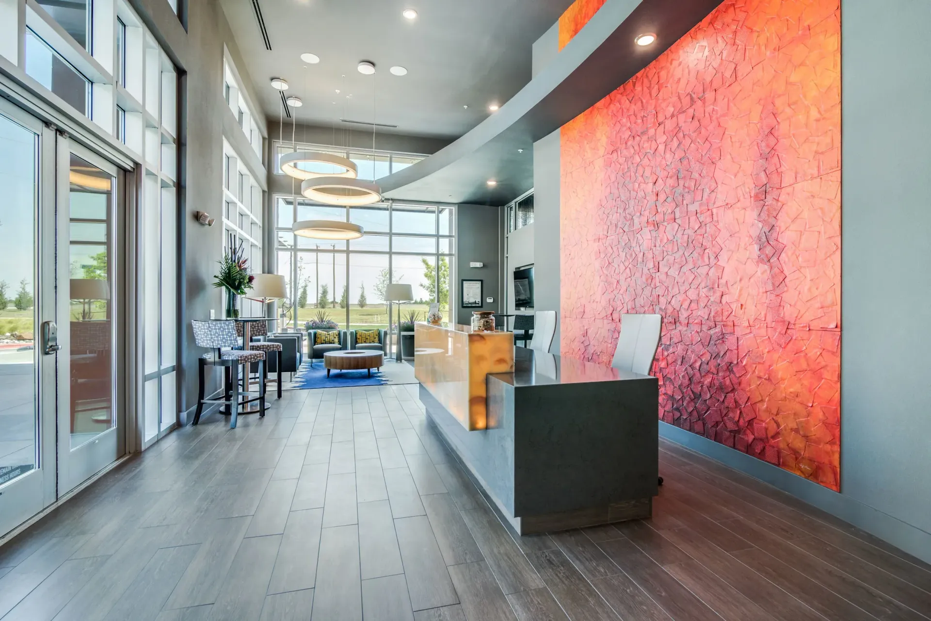 Lobby at Harmony Luxury Apartments in Rowlett, TX.