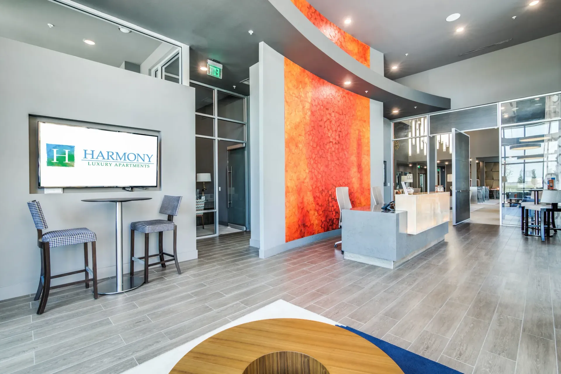 Lobby at Harmony Luxury Apartments in Rowlett, TX.