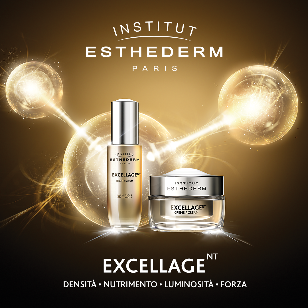 Prodotti per la cura della pelle dell'Institut Esthederm. Siero e crema su uno sfondo luminoso.