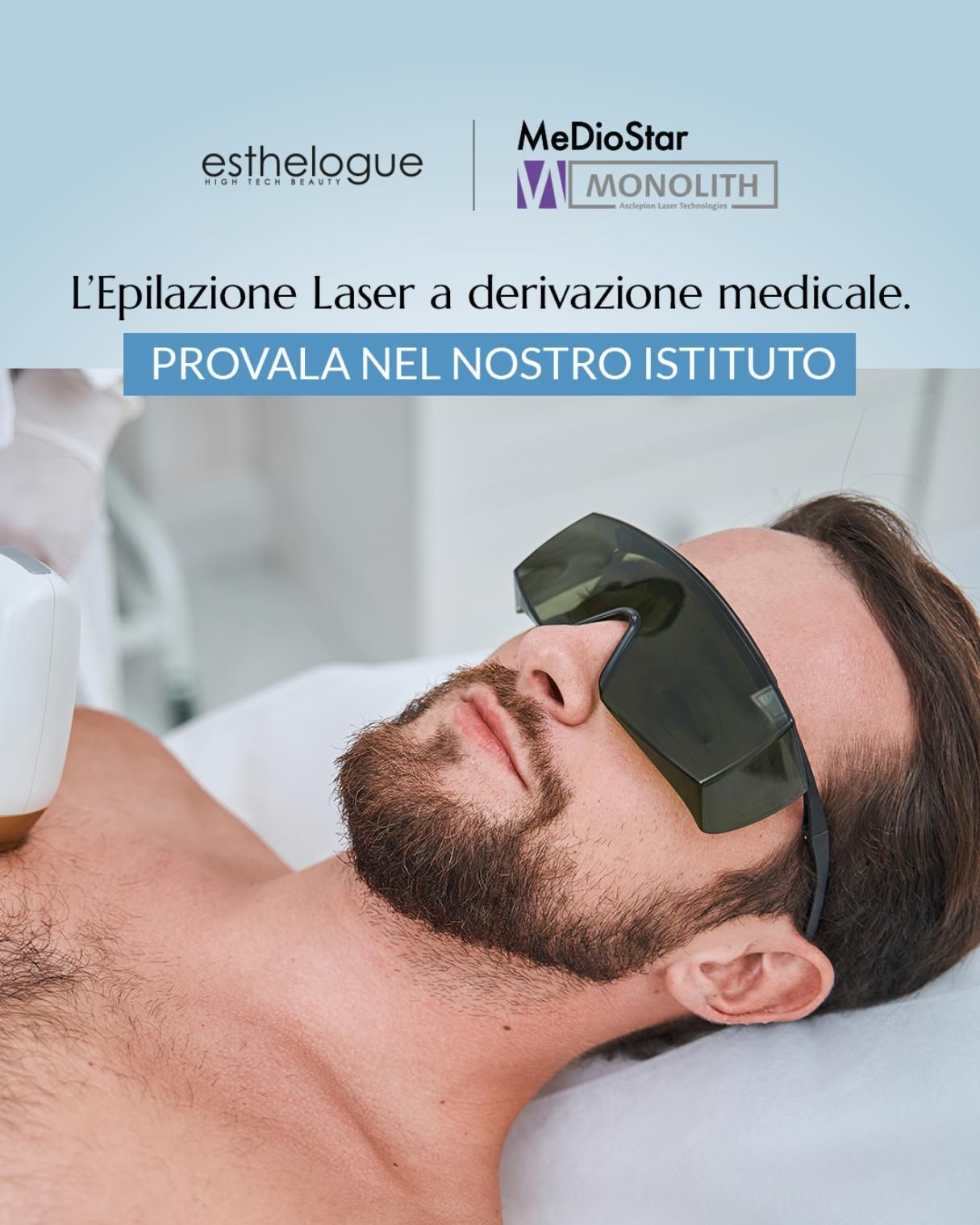 Uomo sottoposto a epilazione laser in una clinica. Il testo promuove il servizio: