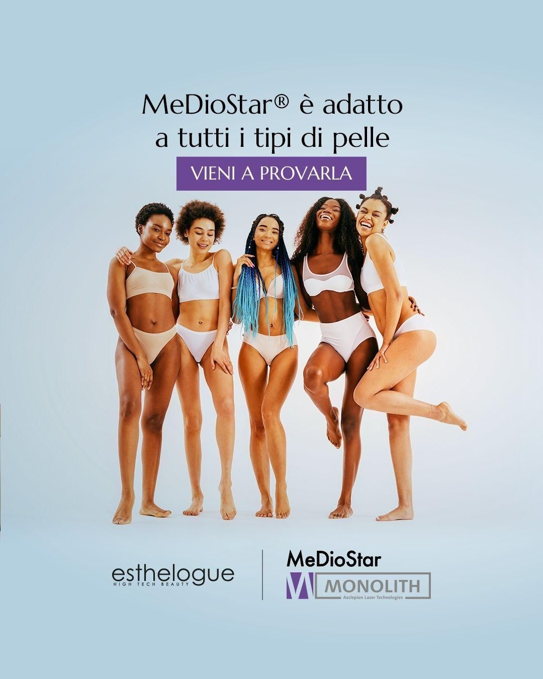 Donne con diverse tonalità di pelle, in lingerie, pubblicizzano il laser MedRioStar per tutti i tipi di pelle.