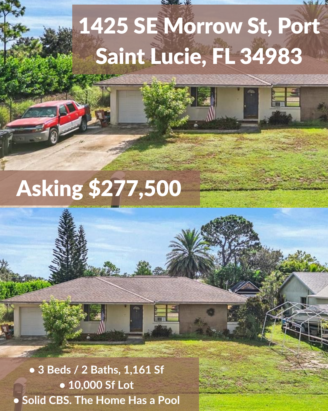 Real estate listing: house at 1425 SE Morrow St, Port Saint Lucie, FL. Asking $277,500. 3 beds/2 baths, pool.
