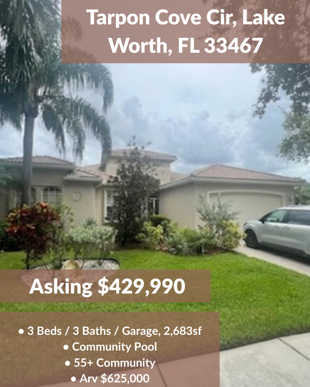 House for sale in Lake Worth, FL. Asking $429,990. Features 3 beds, 3 baths, garage, community pool, and 55+ community.