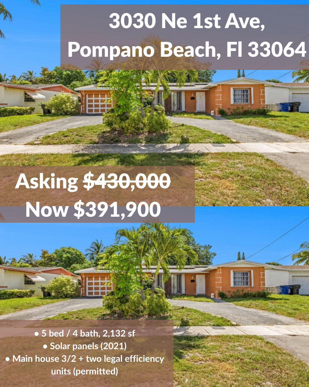 Real estate listing: orange house with price, address, and features.