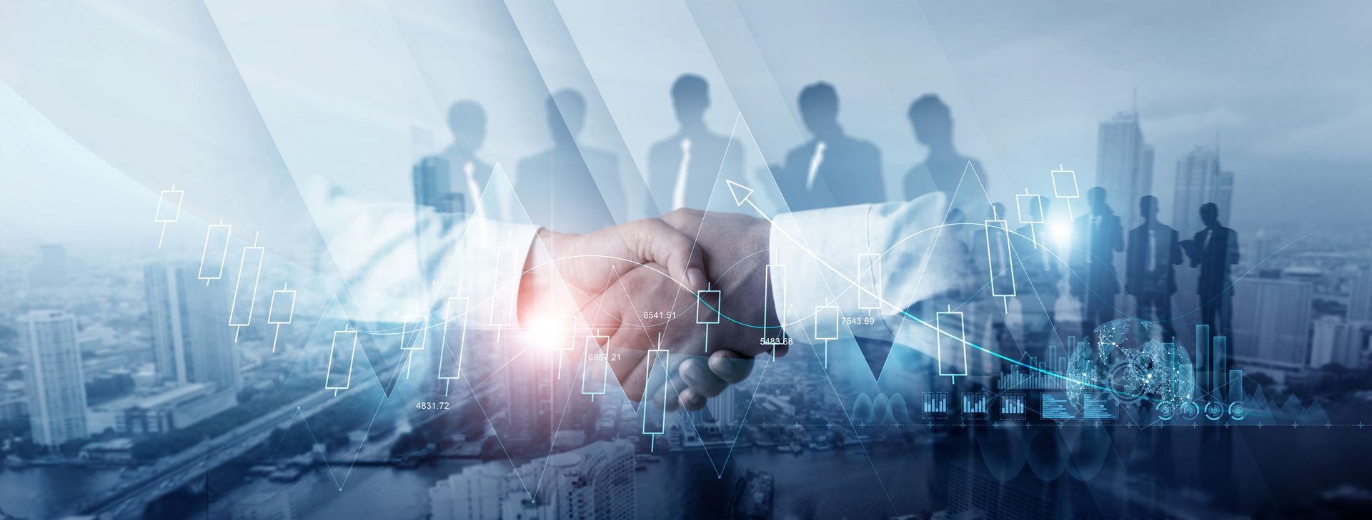 Business handshake overlaid on a city skyline, with blurred silhouettes of people.